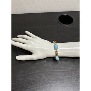 Vintage Warner Egyptian Revival Scarab Bracelet Gold Tone w/ Turquoise Cabochons